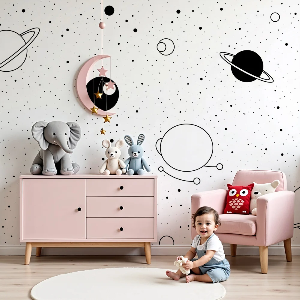 Gyermekszoba tapéta | Űr témájú, fekete-fehér bolygókkal