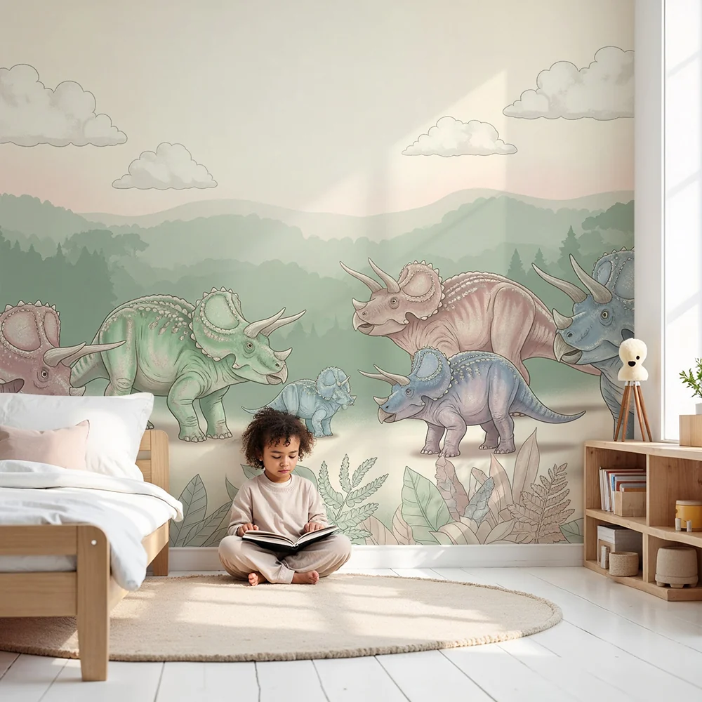 Gyermekszoba tapéta | Triceratops család egy édes őskori tájban