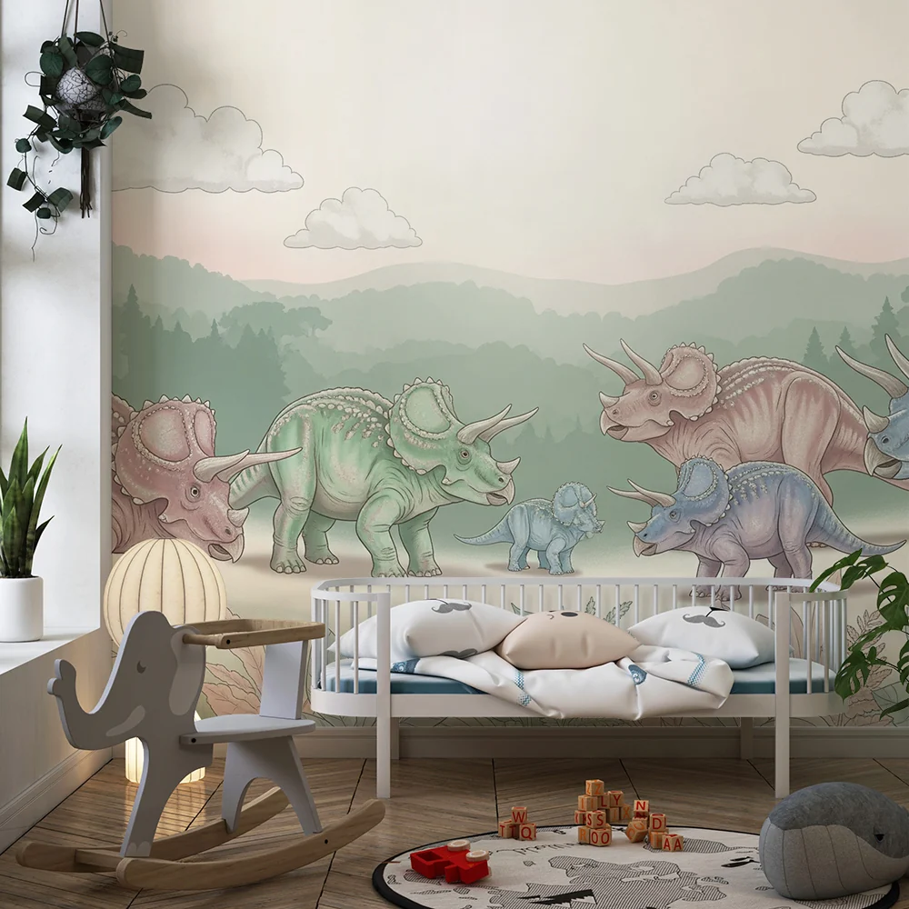 Gyermekszoba tapéta | Triceratops család egy édes őskori tájban