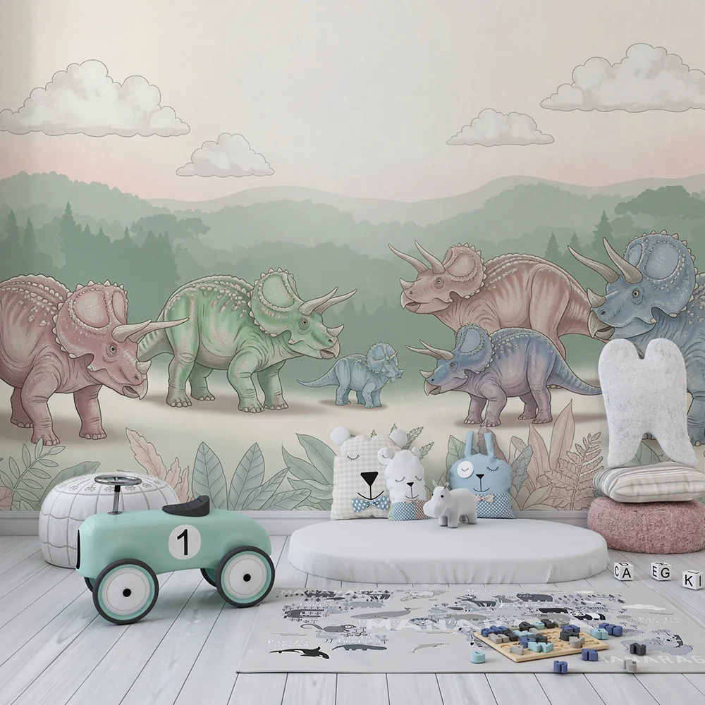 Gyermekszoba tapéta | Triceratops család egy édes őskori tájban