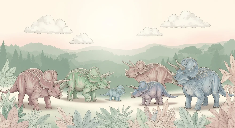 Gyermekszoba tapéta | Triceratops család egy édes őskori tájban