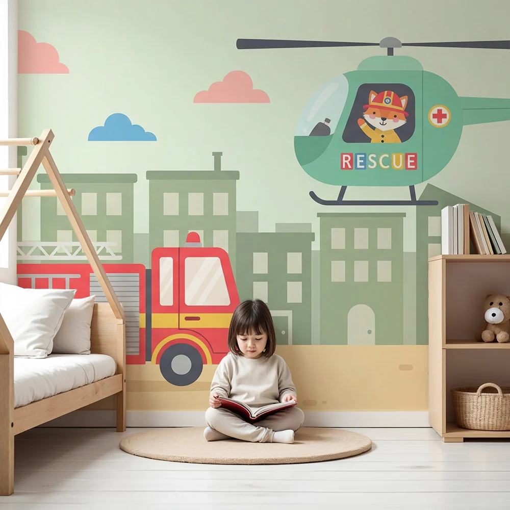 Gyermekszoba tapéta | Tűzoltók és helikopterek kalandja