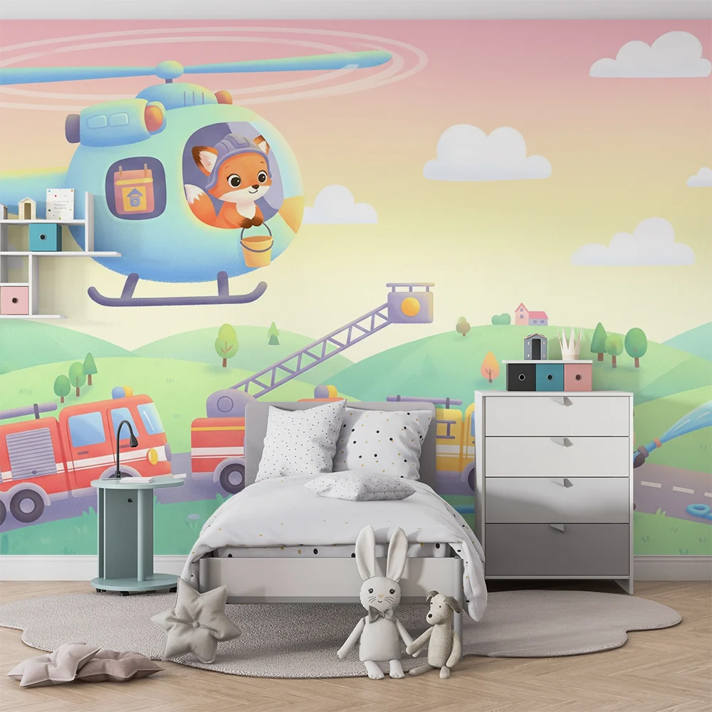 Gyermekszoba tapéta | Tűzoltók pandával és helikopterrel