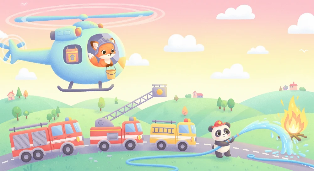 Gyermekszoba tapéta | Tűzoltók pandával és helikopterrel