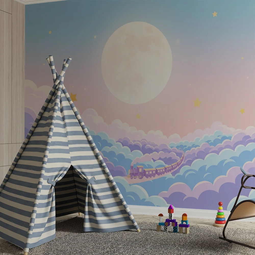 Gyermekszoba tapéta | Varázslatos vonat egy csillagos égbolton és pasztell felhőkben