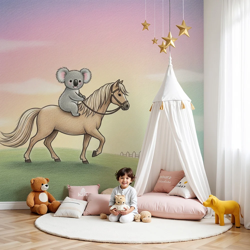 Gyermekszoba tapéta | Vidám koala lóháton egy színes tájban