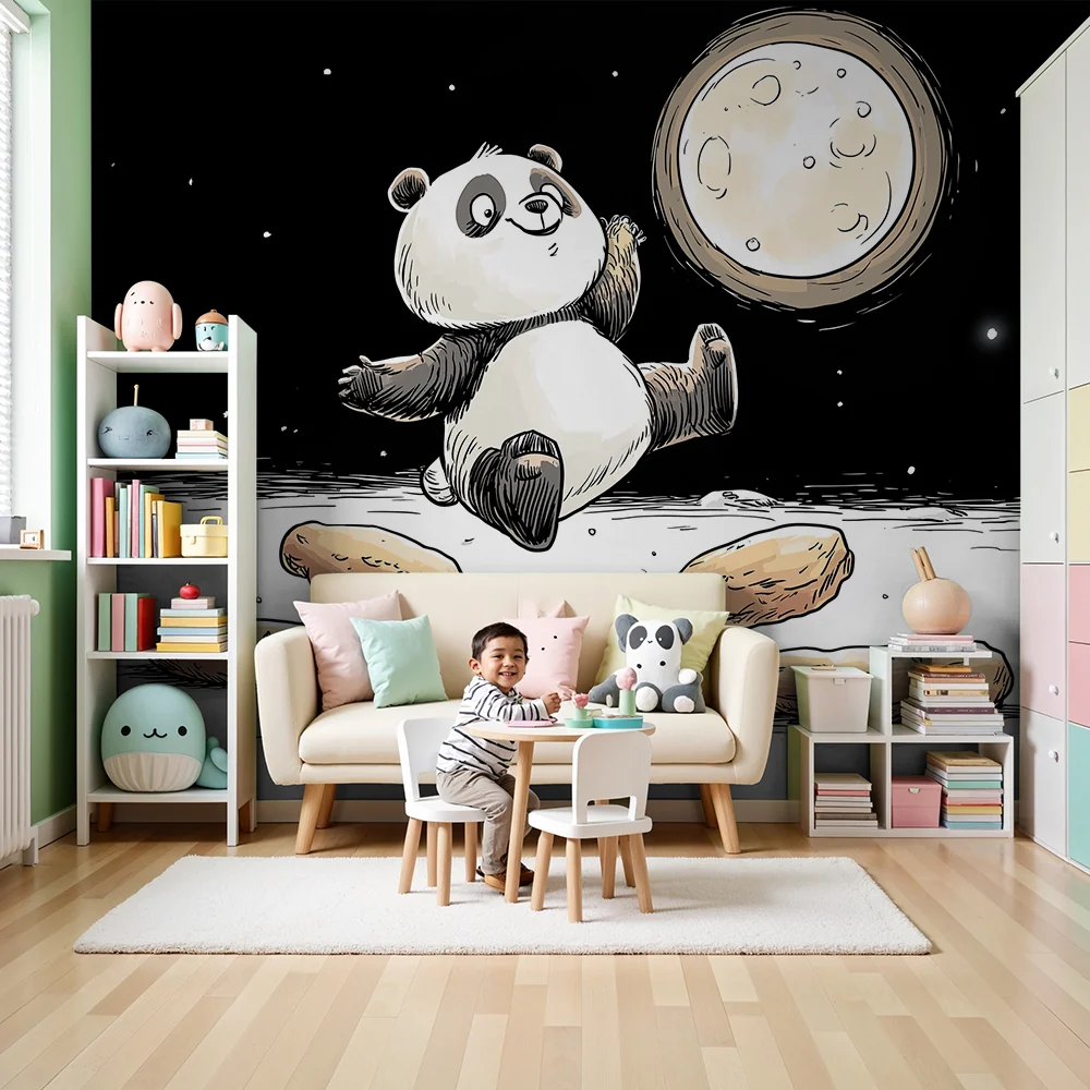 Gyermekszoba tapéta | Vidám panda az űrben holdas kekszekkel