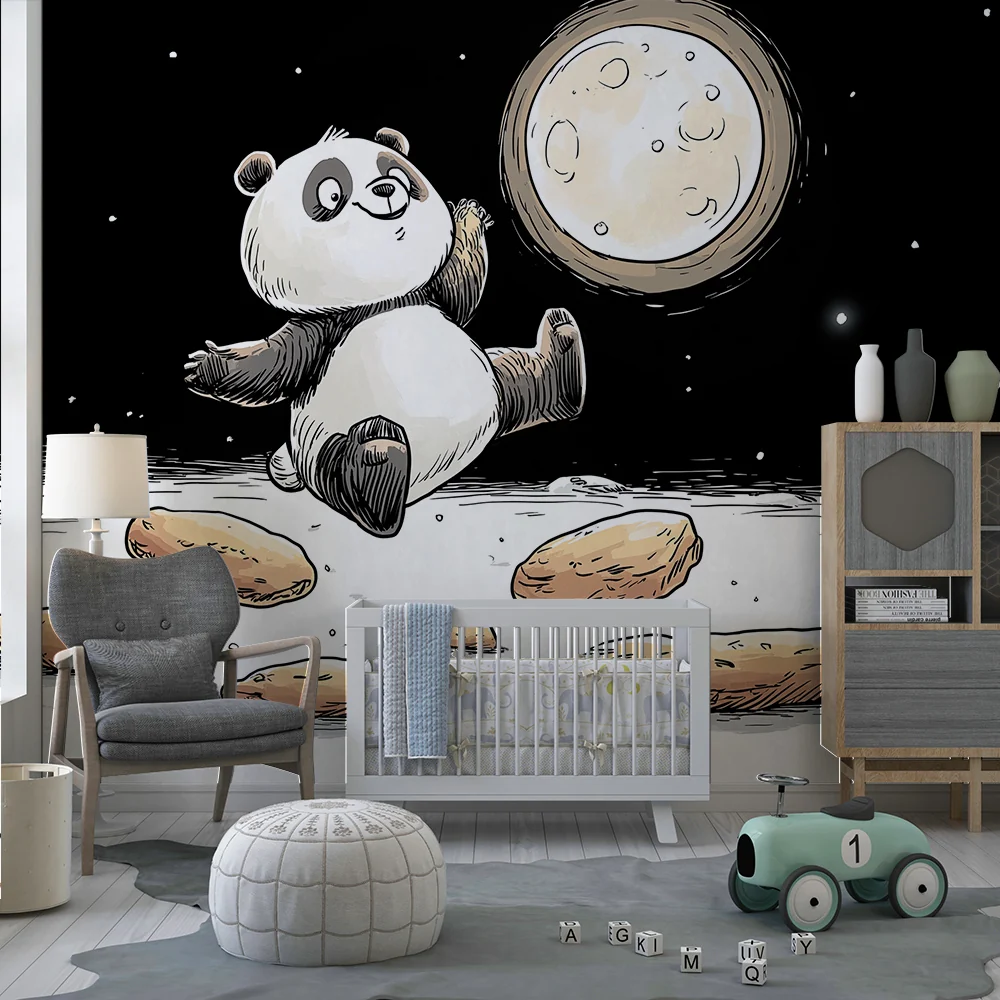 Gyermekszoba tapéta | Vidám panda az űrben holdas kekszekkel