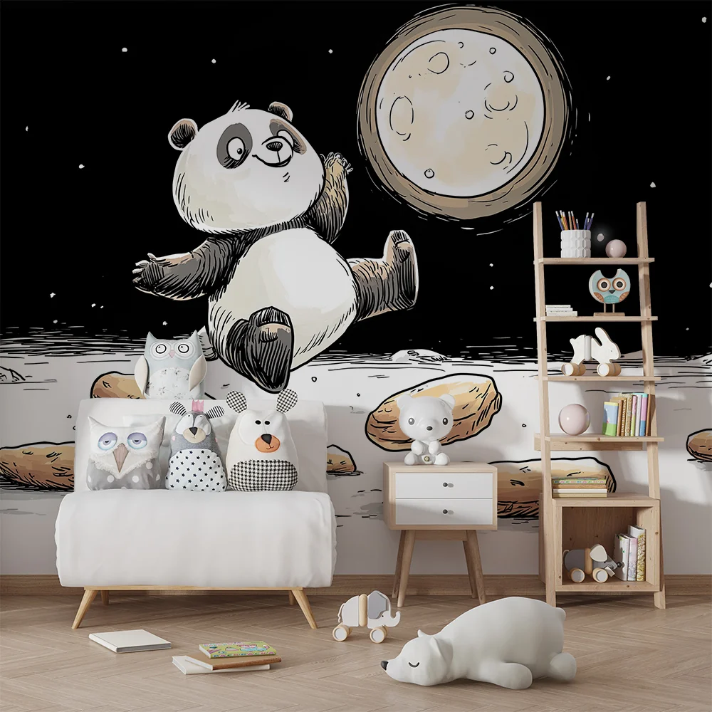 Gyermekszoba tapéta | Vidám panda az űrben holdas kekszekkel