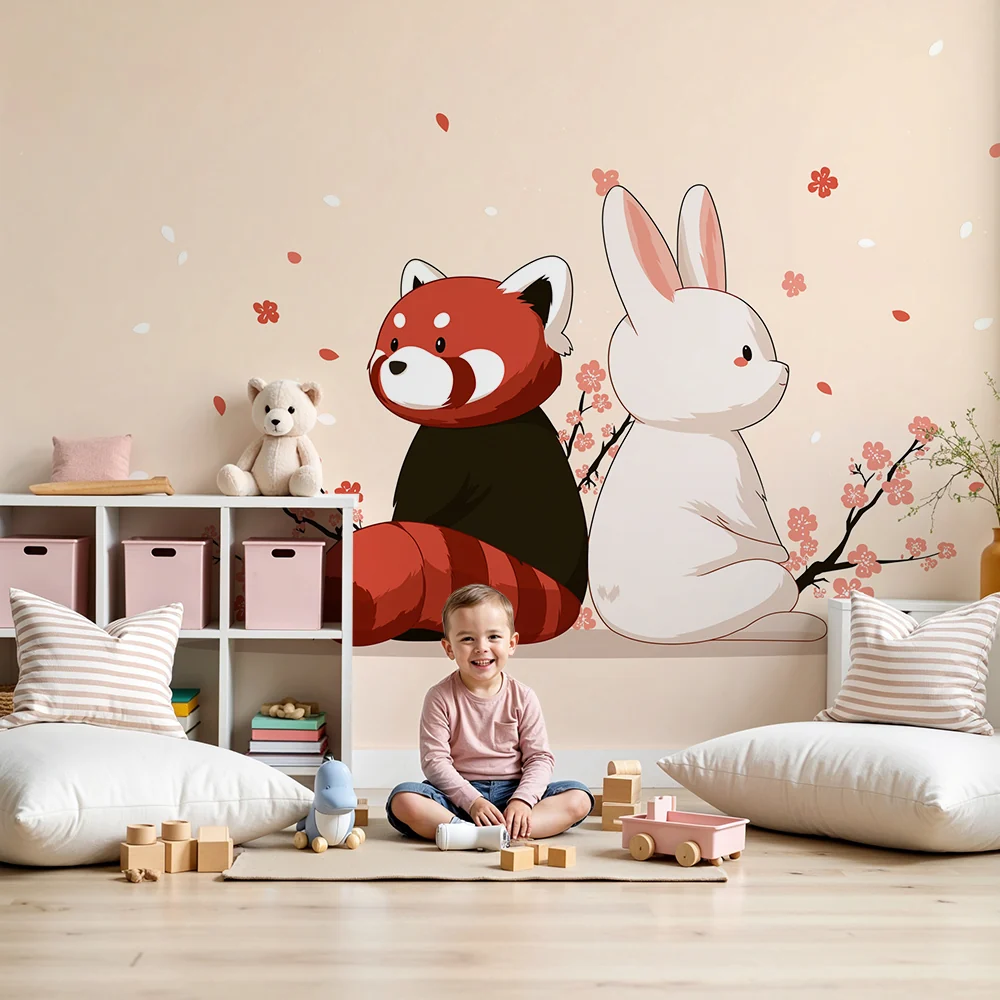 Gyermekszoba tapéta | Vörös panda és nyuszi finom virágok között