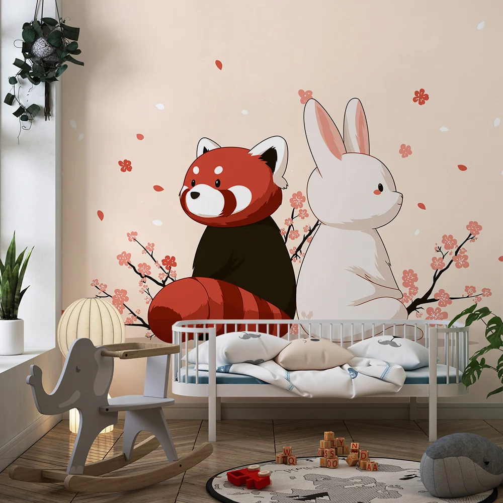 Gyermekszoba tapéta | Vörös panda és nyuszi finom virágok között
