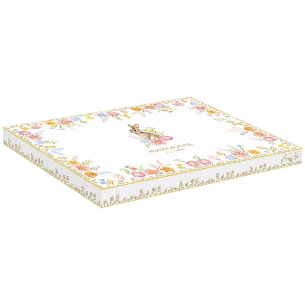 Húsvéti nyuszis porcelán kínáló tálca 30x21 cm tojás formájú díszdobozban