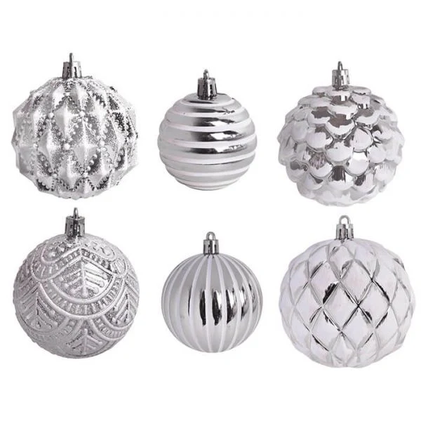 Karácsonyfa gömbdísz készlet - 6 darabos - fehér ezüst 6-8 cm