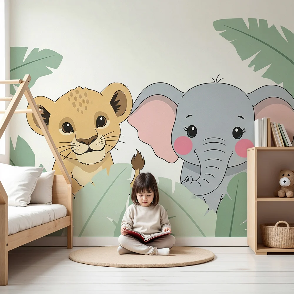 Kids room wallpaper | Dzsungel állatokkal, oroszlánkölyökkel, elefánttal és papagájjal