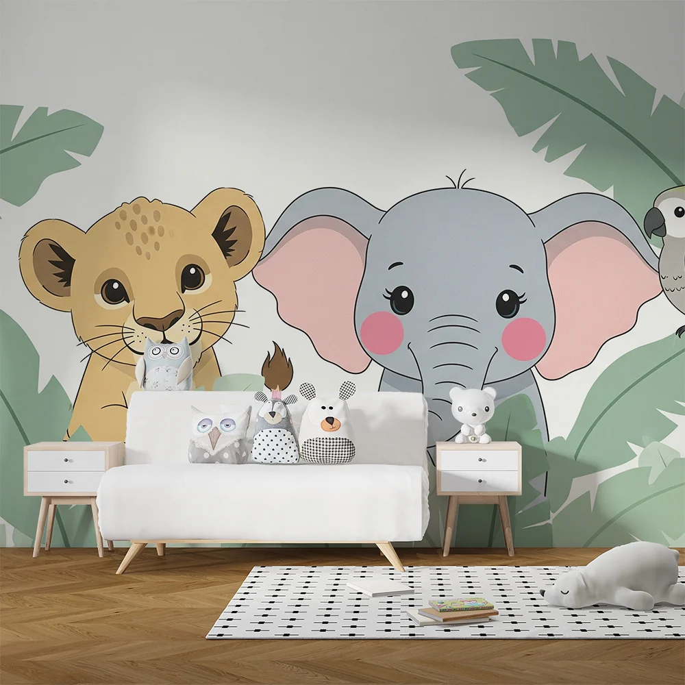 Kids room wallpaper | Dzsungel állatokkal, oroszlánkölyökkel, elefánttal és papagájjal