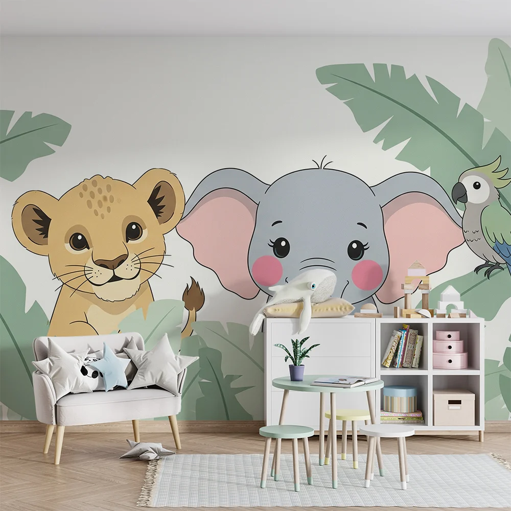 Kids room wallpaper | Dzsungel állatokkal, oroszlánkölyökkel, elefánttal és papagájjal