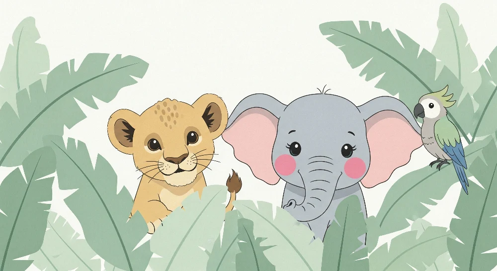 Kids room wallpaper | Dzsungel állatokkal, oroszlánkölyökkel, elefánttal és papagájjal