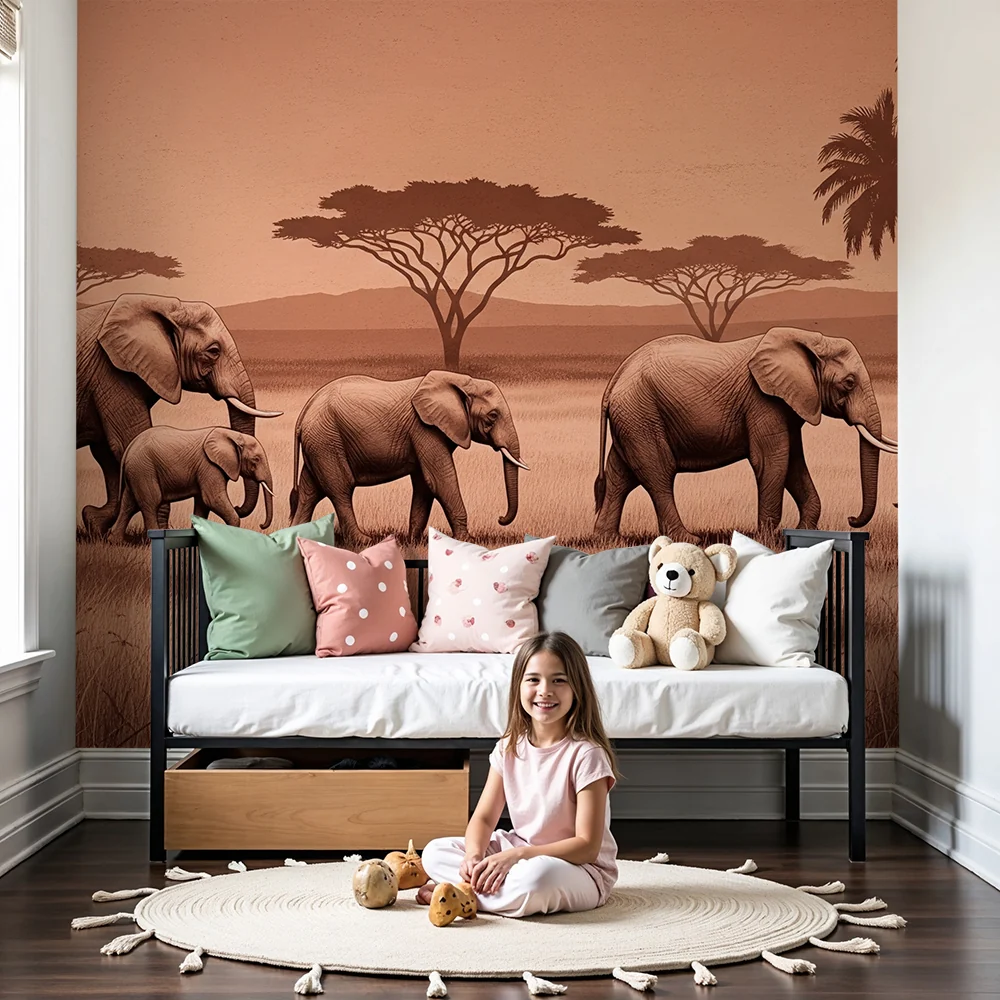 Kids room wallpaper | Elegant savannah elephants and zebras