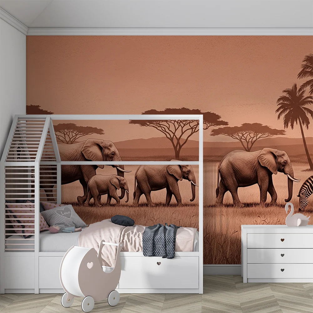 Kids room wallpaper | Elegant savannah elephants and zebras