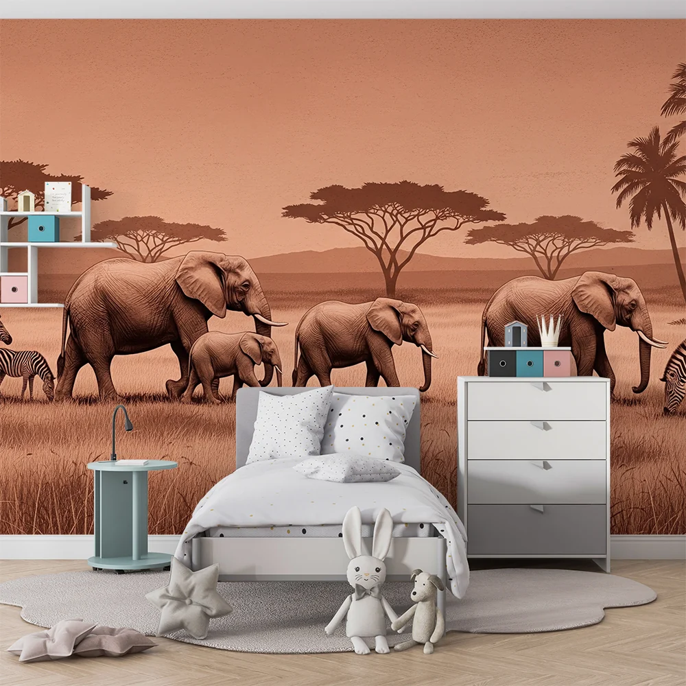Kids room wallpaper | Elegant savannah elephants and zebras