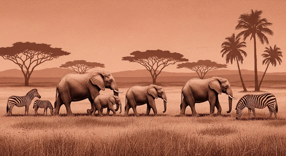 Kids room wallpaper | Elegant savannah elephants and zebras