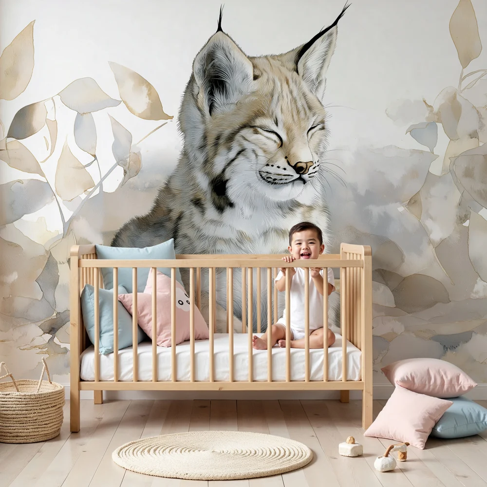 Kids room wallpaper | Álmos fiatal hiúz levelek között