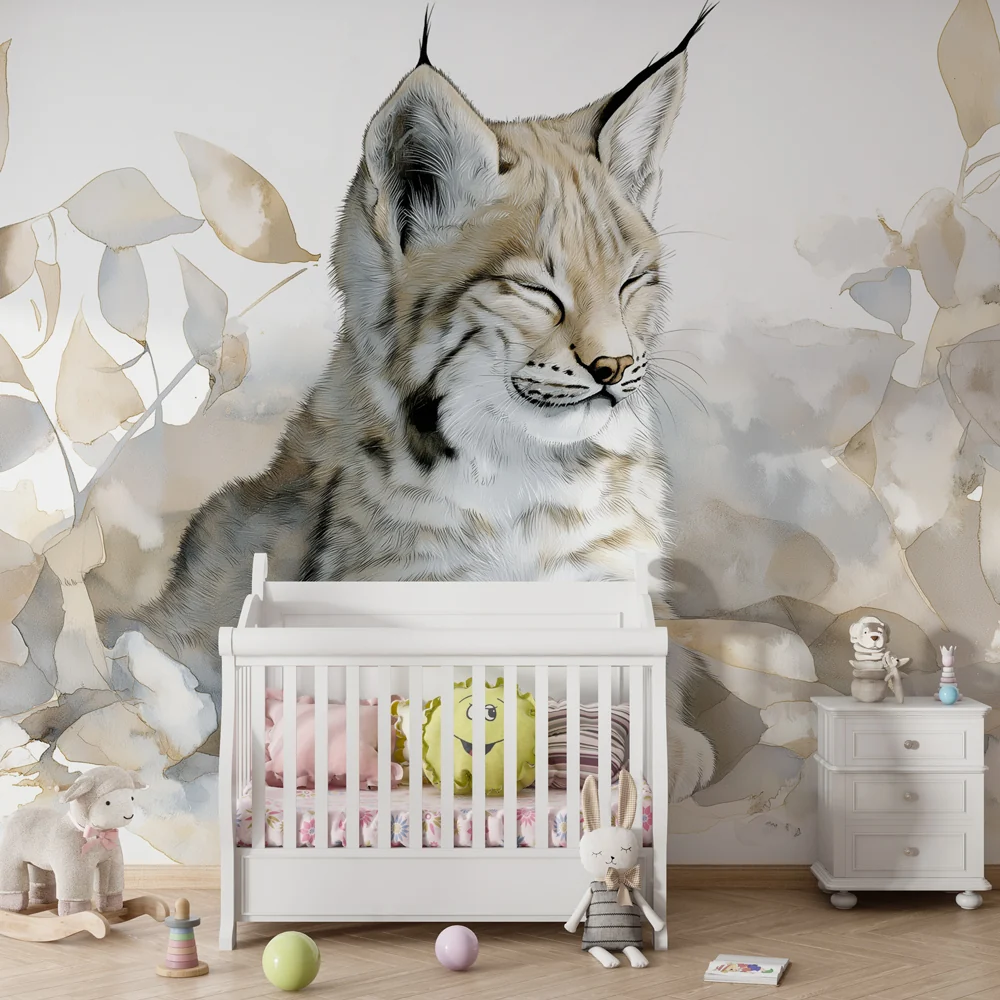 Kids room wallpaper | Álmos fiatal hiúz levelek között