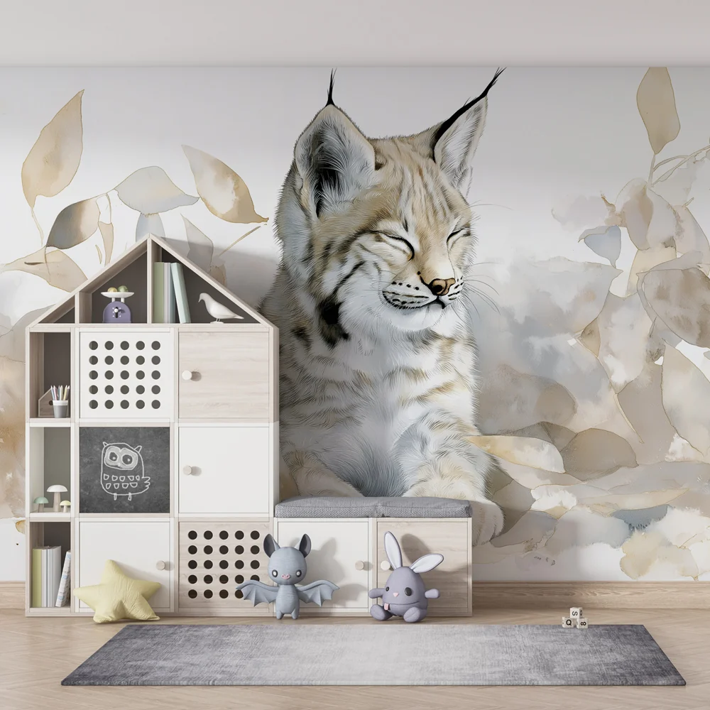 Kids room wallpaper | Álmos fiatal hiúz levelek között
