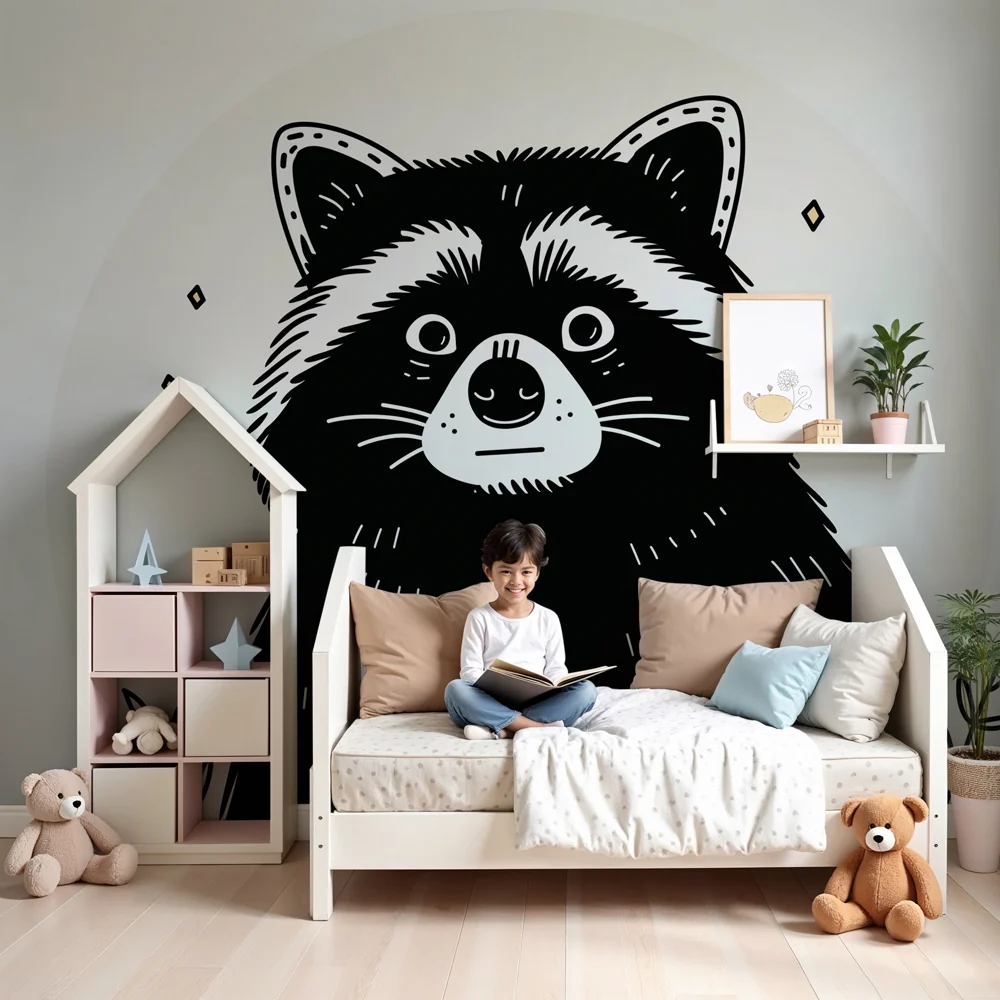 Kids room wallpaper | Playful raccoon and gentle nature