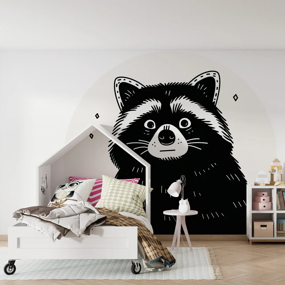 Kids room wallpaper | Playful raccoon and gentle nature