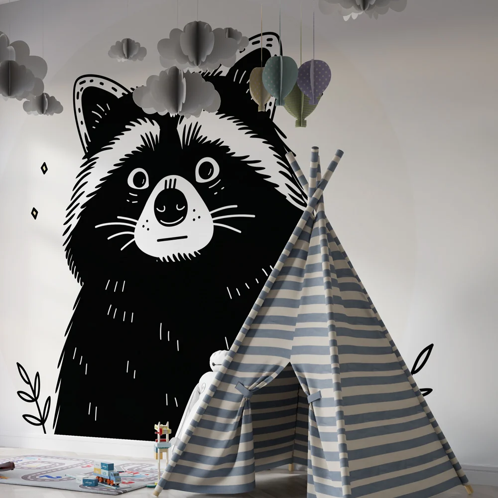 Kids room wallpaper | Playful raccoon and gentle nature