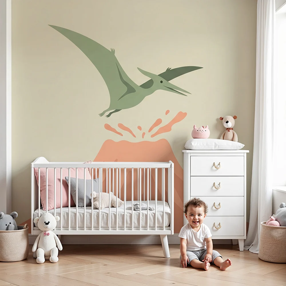 Kids room wallpaper | Repülő pterodaktil kitörő vulkán felett