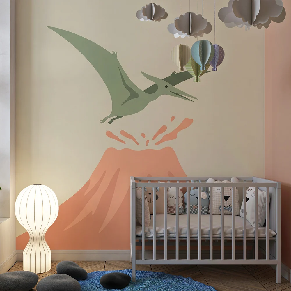 Kids room wallpaper | Repülő pterodaktil kitörő vulkán felett
