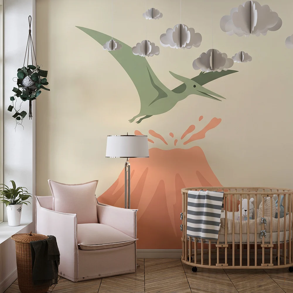 Kids room wallpaper | Repülő pterodaktil kitörő vulkán felett