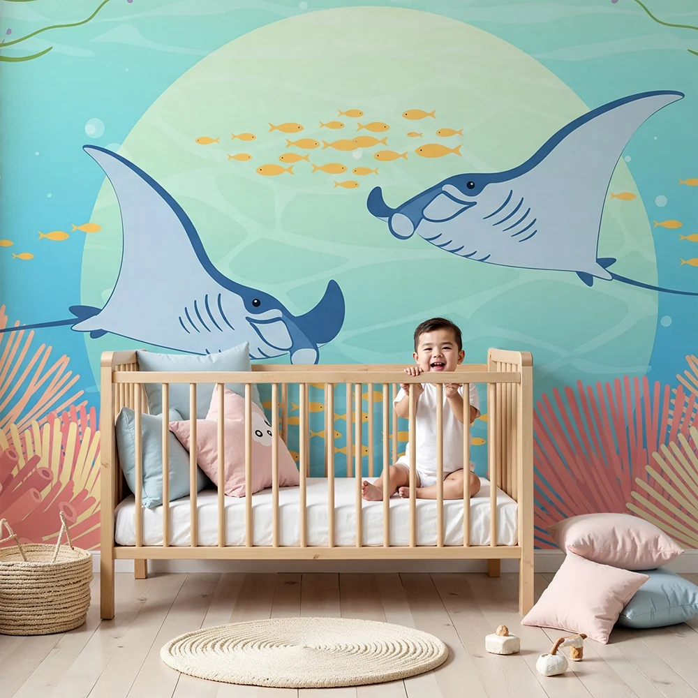 Kids room wallpaper | Színes ráják és korall alatt az óceánban