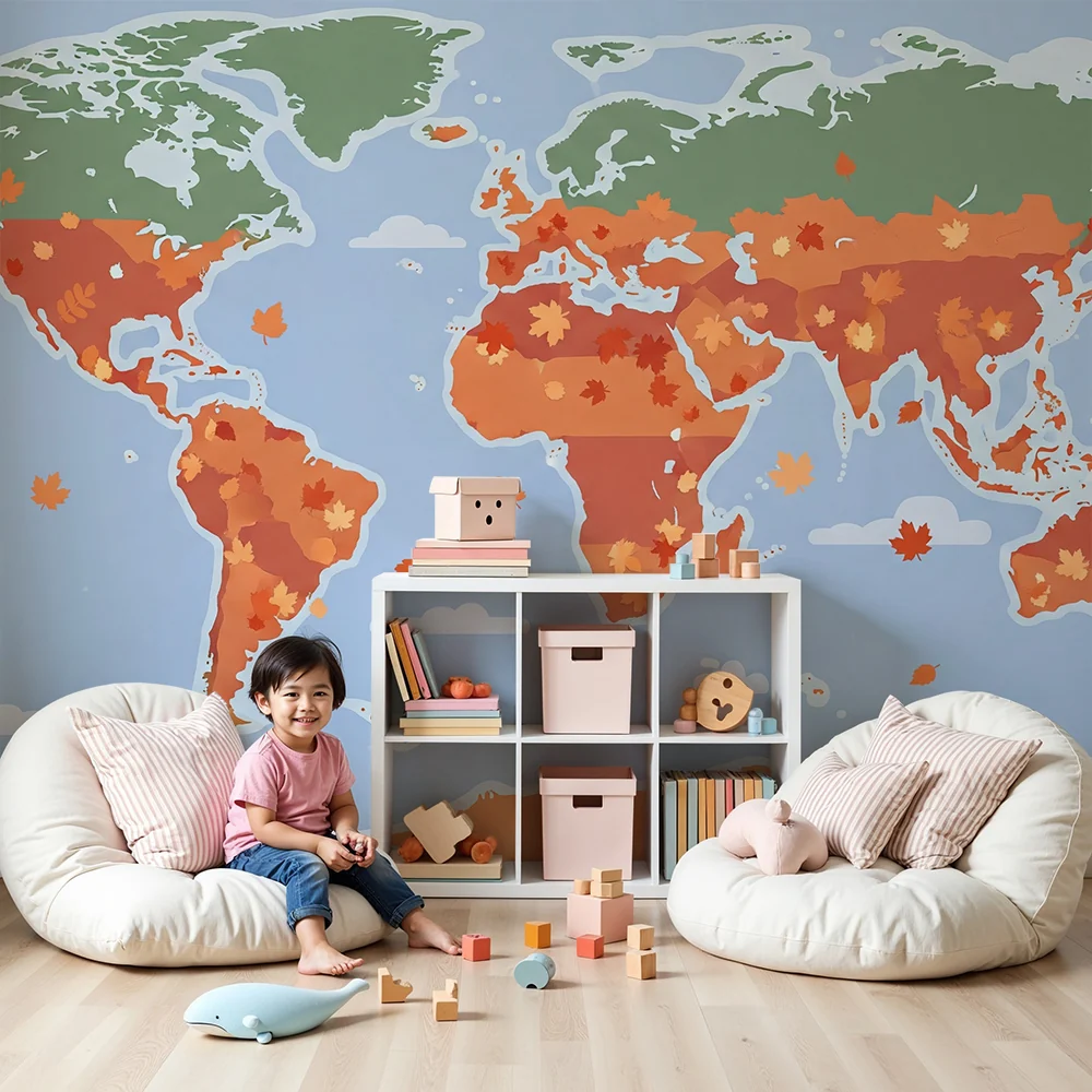 Kids room wallpaper | Színes világtérkép őszi levelekkel