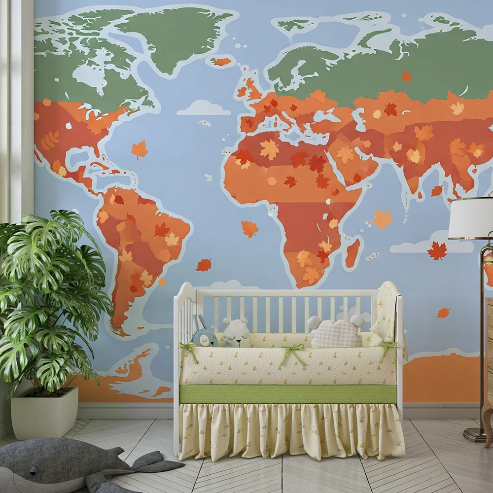 Kids room wallpaper | Színes világtérkép őszi levelekkel