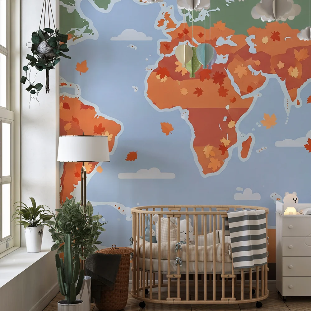 Kids room wallpaper | Színes világtérkép őszi levelekkel