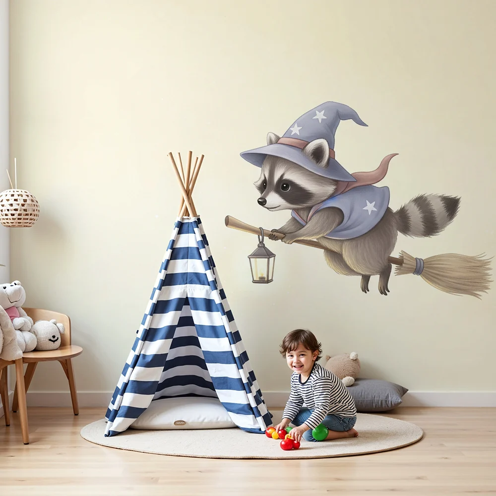 Kids room wallpaper | Varázsló mosómedve seprűn lámpával