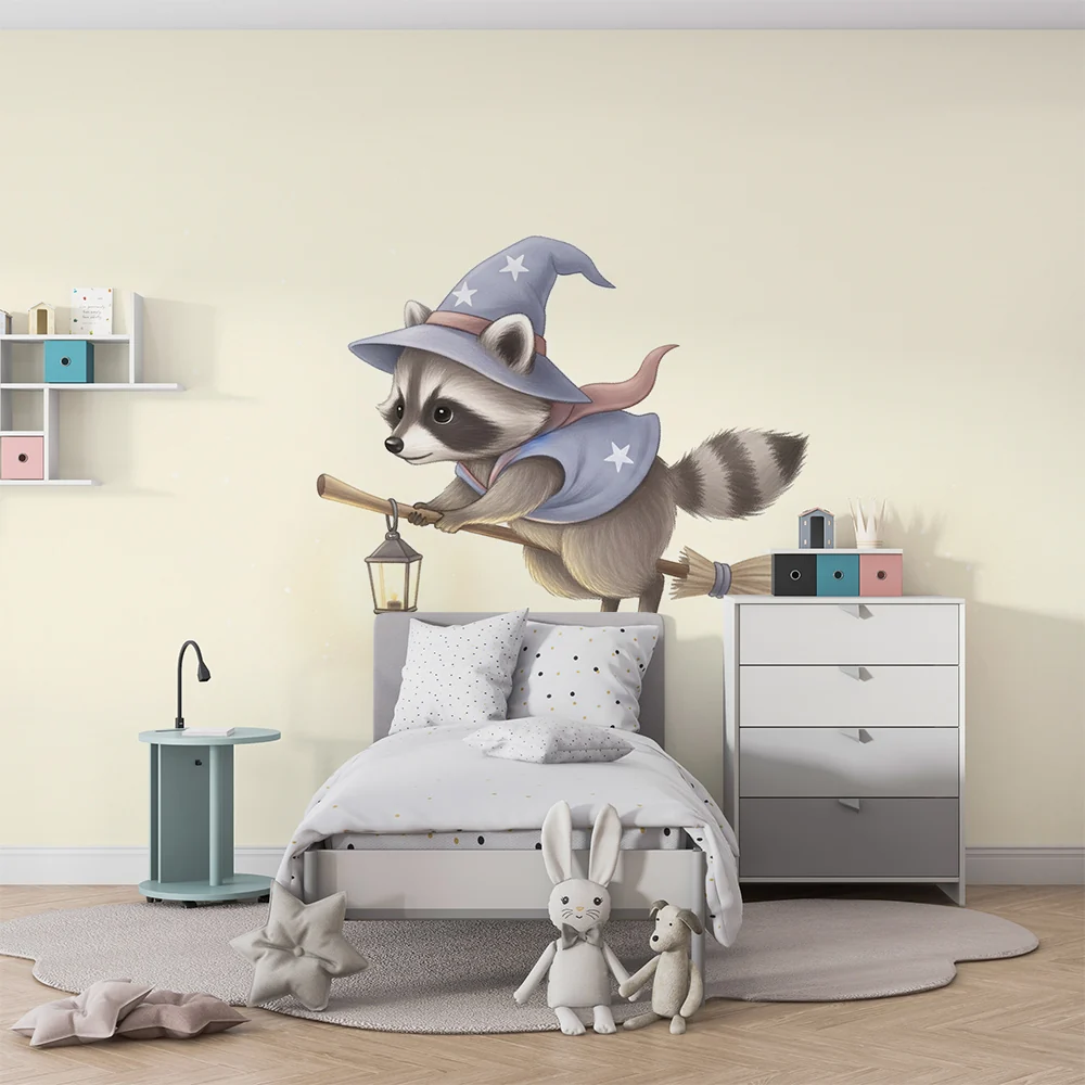 Kids room wallpaper | Varázsló mosómedve seprűn lámpával