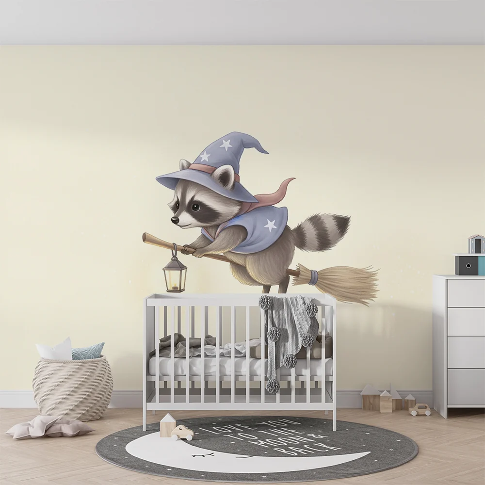 Kids room wallpaper | Varázsló mosómedve seprűn lámpával