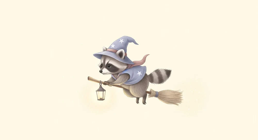 Kids room wallpaper | Varázsló mosómedve seprűn lámpával