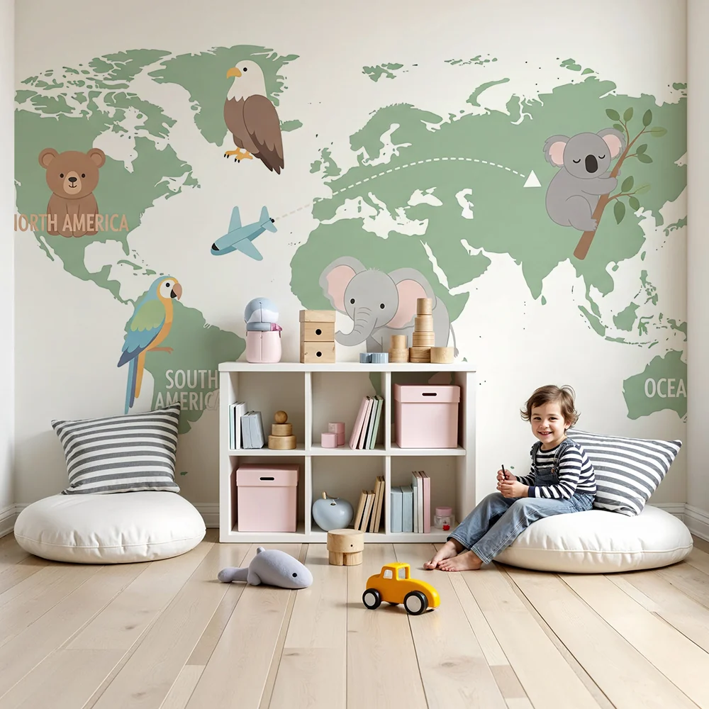 Kids room wallpaper | Világ térkép aranyos állatokkal utazás közben