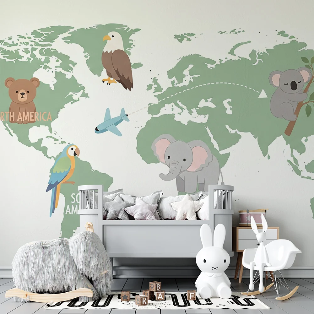 Kids room wallpaper | Világ térkép aranyos állatokkal utazás közben