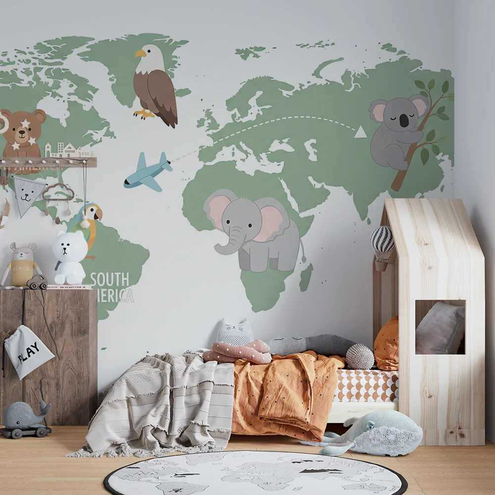 Kids room wallpaper | Világ térkép aranyos állatokkal utazás közben
