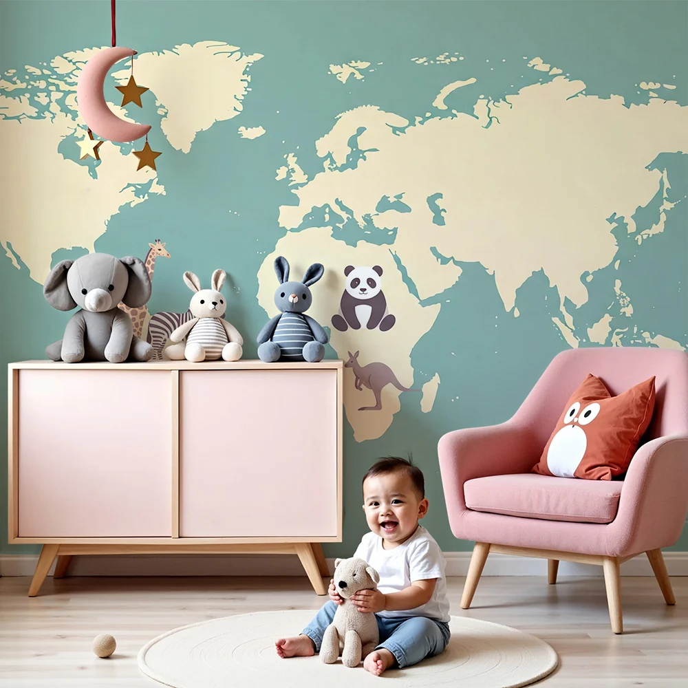 Kids room wallpaper | World map animals from south
