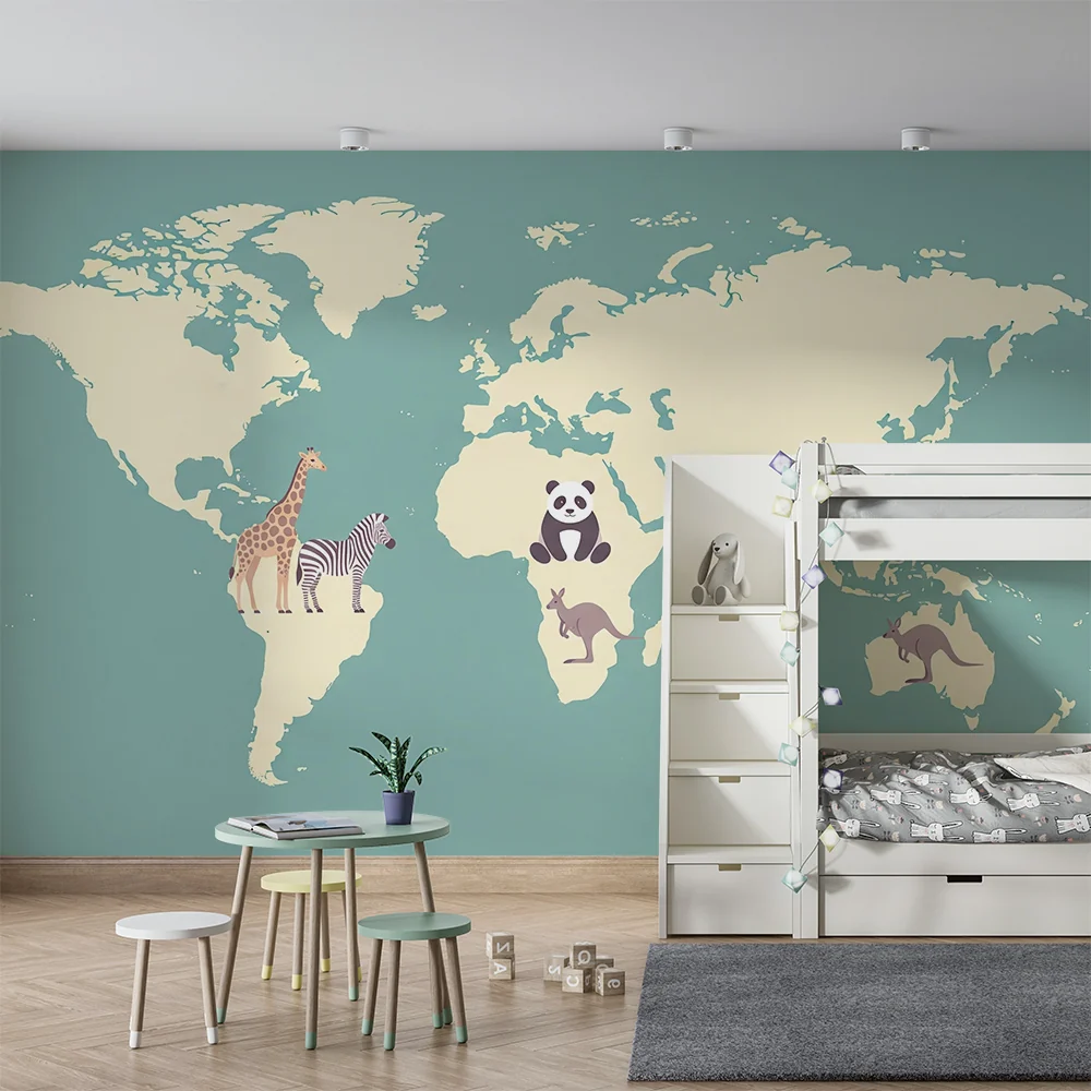 Kids room wallpaper | World map animals from south