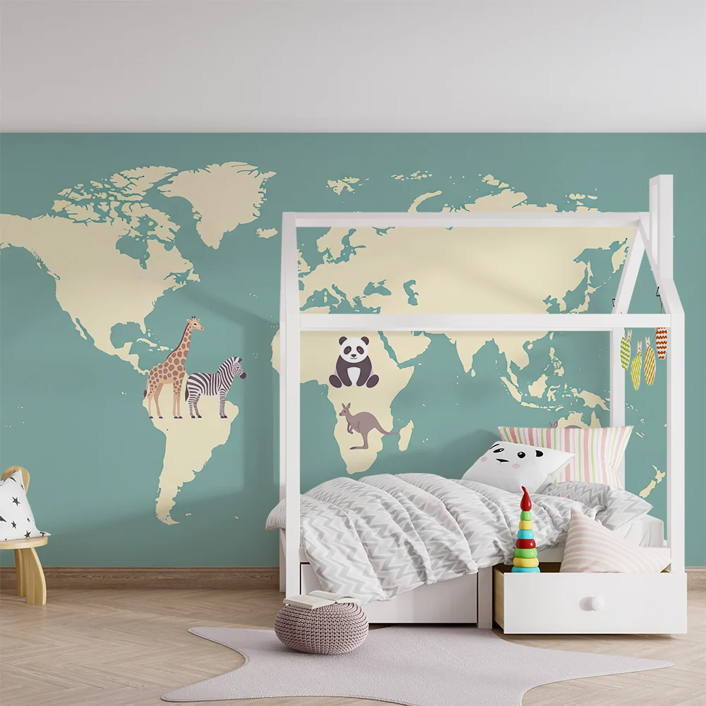 Kids room wallpaper | World map animals from south