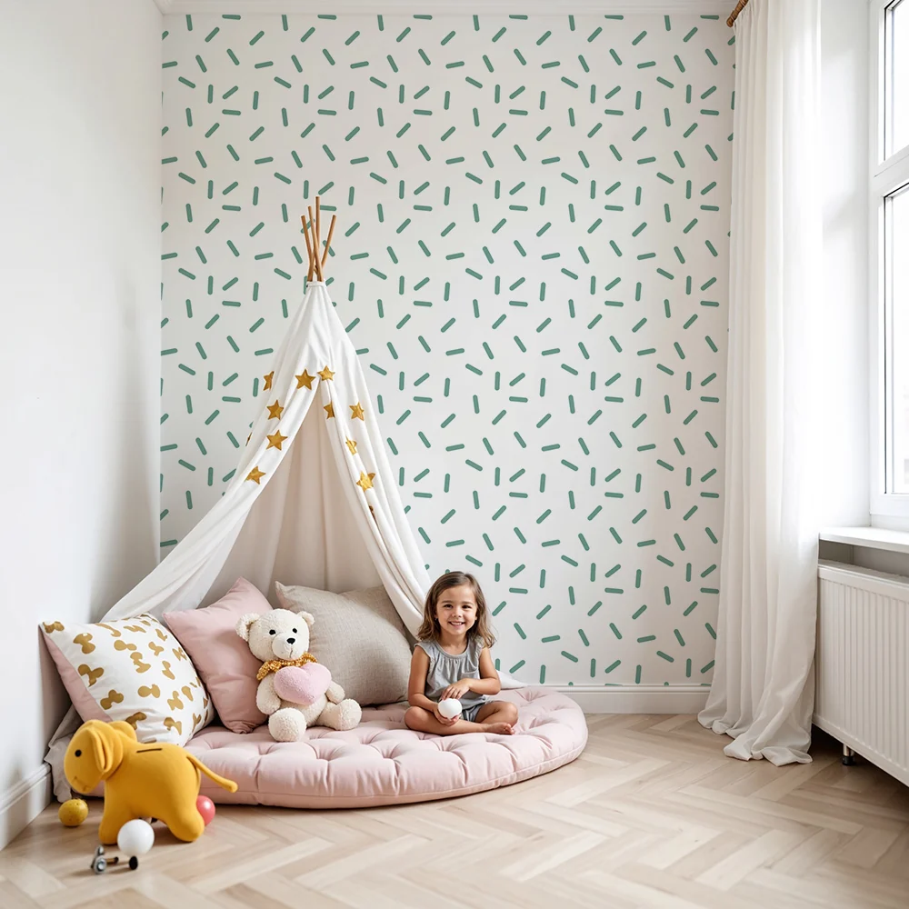 Nursery room wallpaper | Abstract pattern delicate green lines