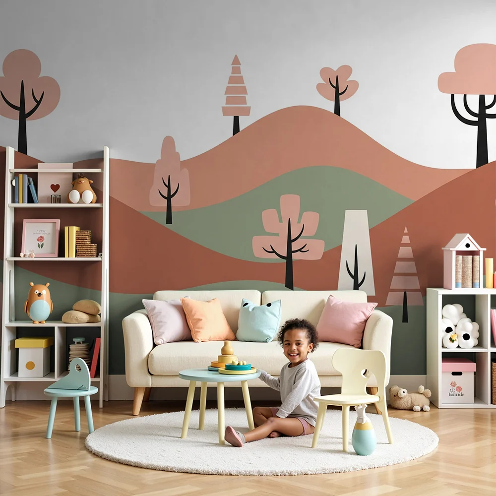 Nursery room wallpaper | Absztrakt táj dombokkal és színes fákkal